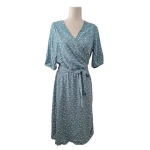 Ann Taylor Women's Short Sleeve Blue Floral Wrap Midi Dress Work Travel Sz 10